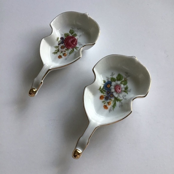 Vintage Floral Bone China Violin Dish PAIR Ring Trinket Gold Rim Vanity Cottage - Picture 4 of 16